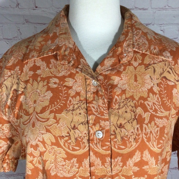 Bit & Bridle Orange Horse Print Button Down Short Sleeve Top - Size Large - Picture 2 of 6